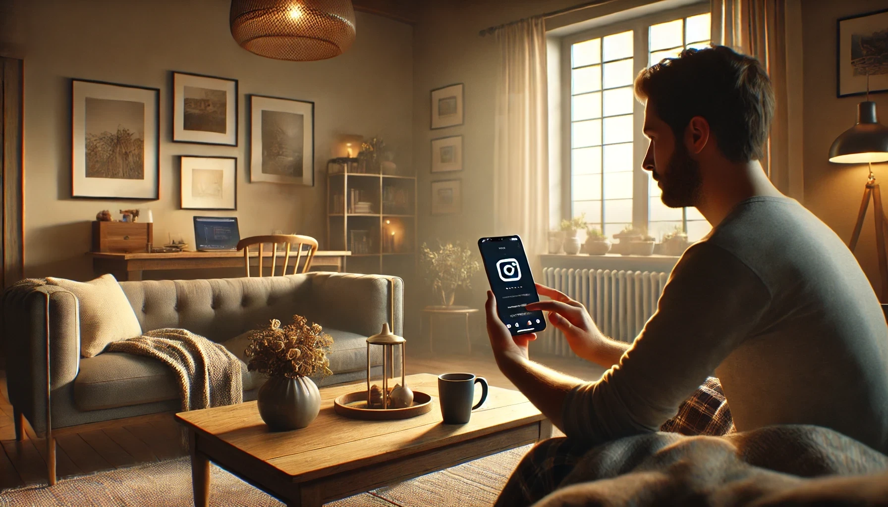 A man is sitting in a cozy living room, holding a smartphone and trying to set up a comfortable privacy level for the app. The smartphone screen displays Instagram with the location sharing settings open.