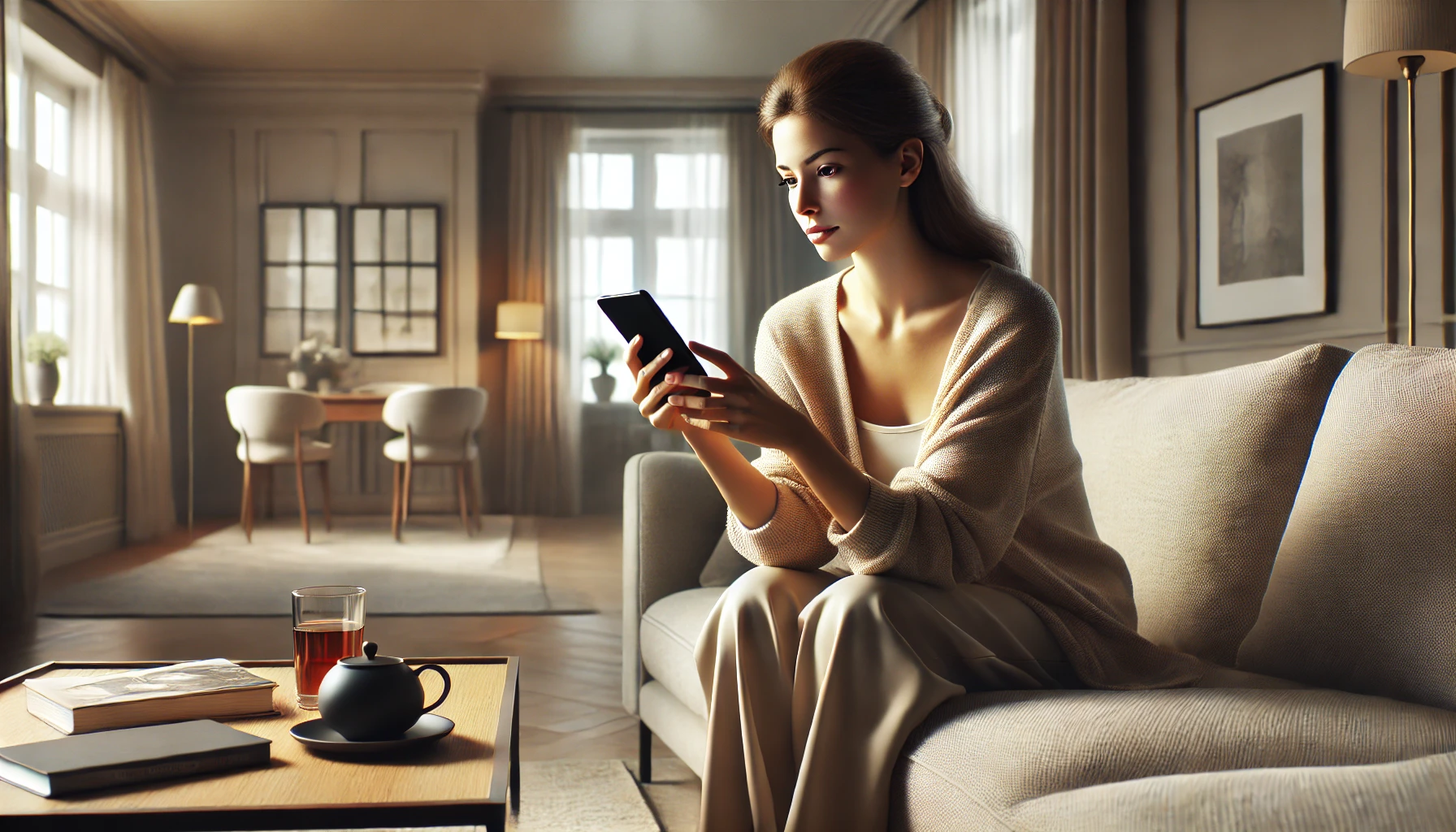 A woman is safely posting her photos with activities, tagging her previous location on Instagram, after the event is over and she is already in a safe environment at home.