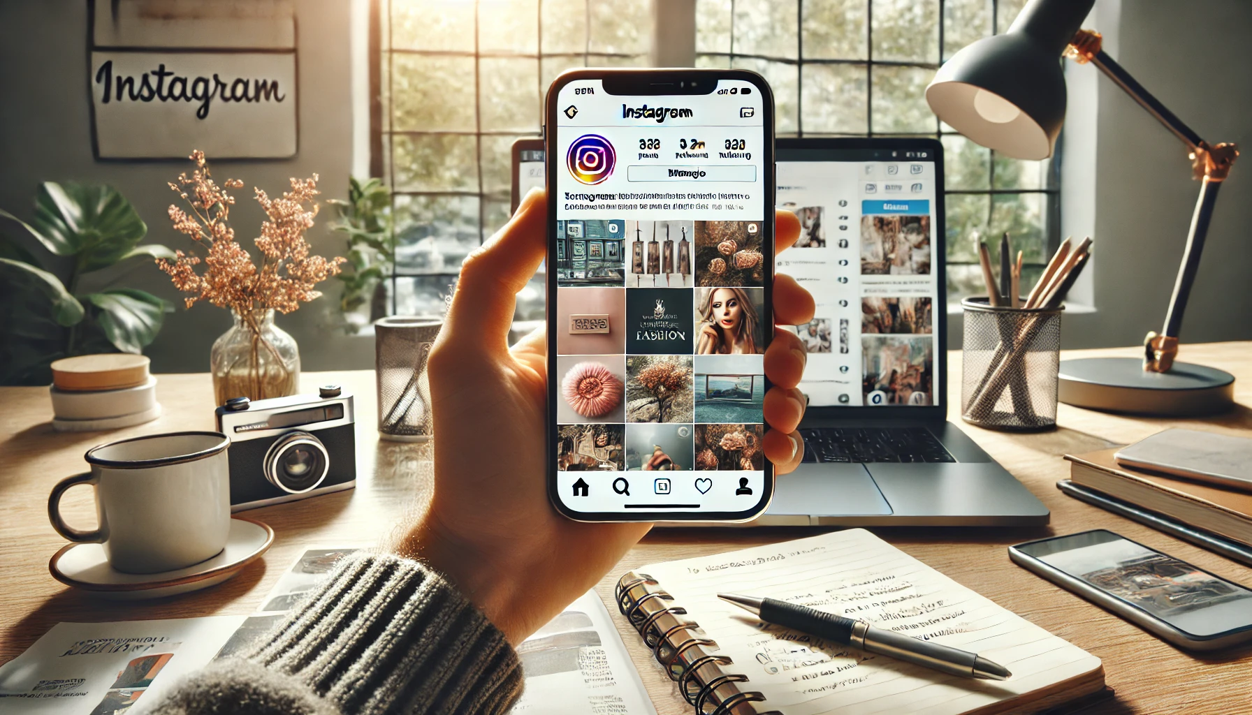 a person holding a smartphone displaying an Instagram interface with a well-curated profile, showing a visually appealing grid of images related to lifestyle, fashion, and travel.