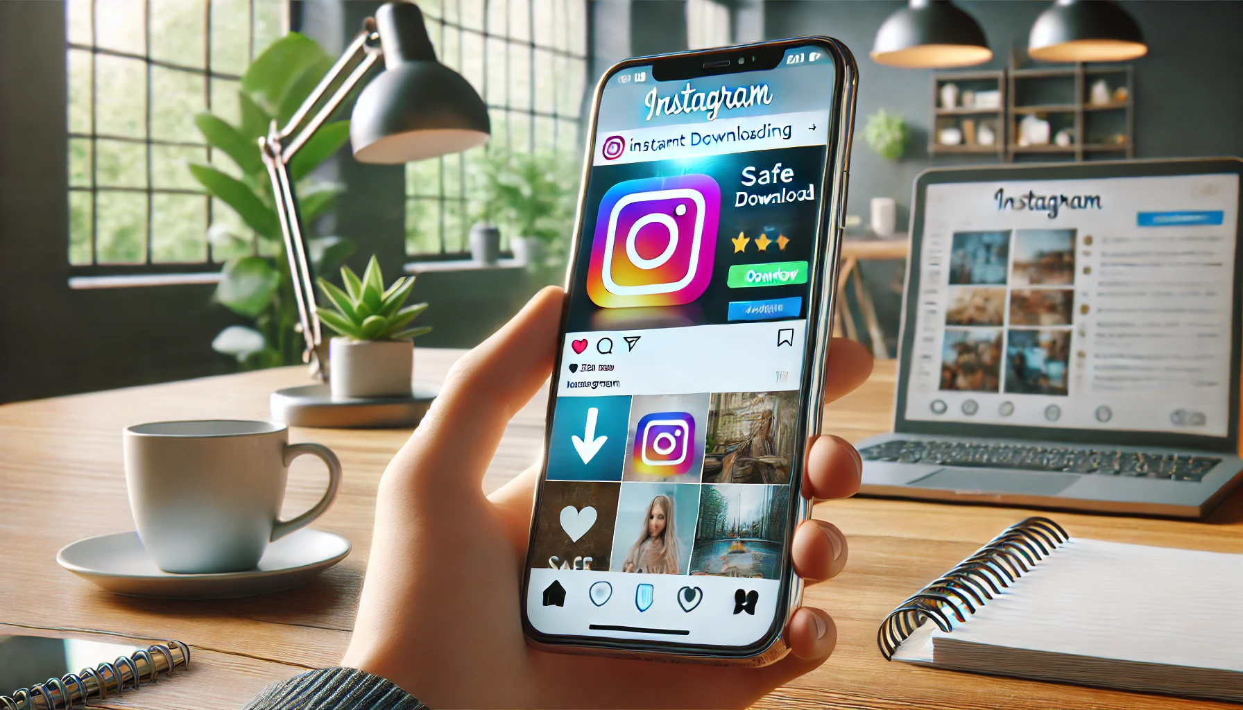 a smartphone screen with an Instagram post and a visible download icon, representing safe content downloading.