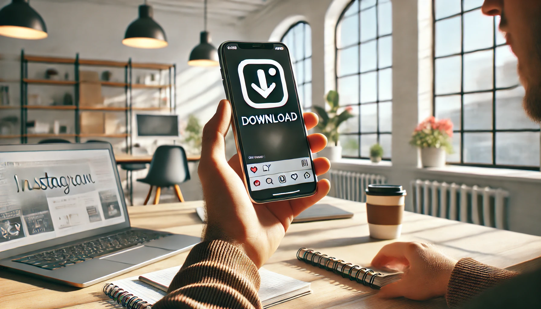 a person holding a smartphone with an Instagram post on the screen, where a download icon is clearly visible, symbolizing offline access.