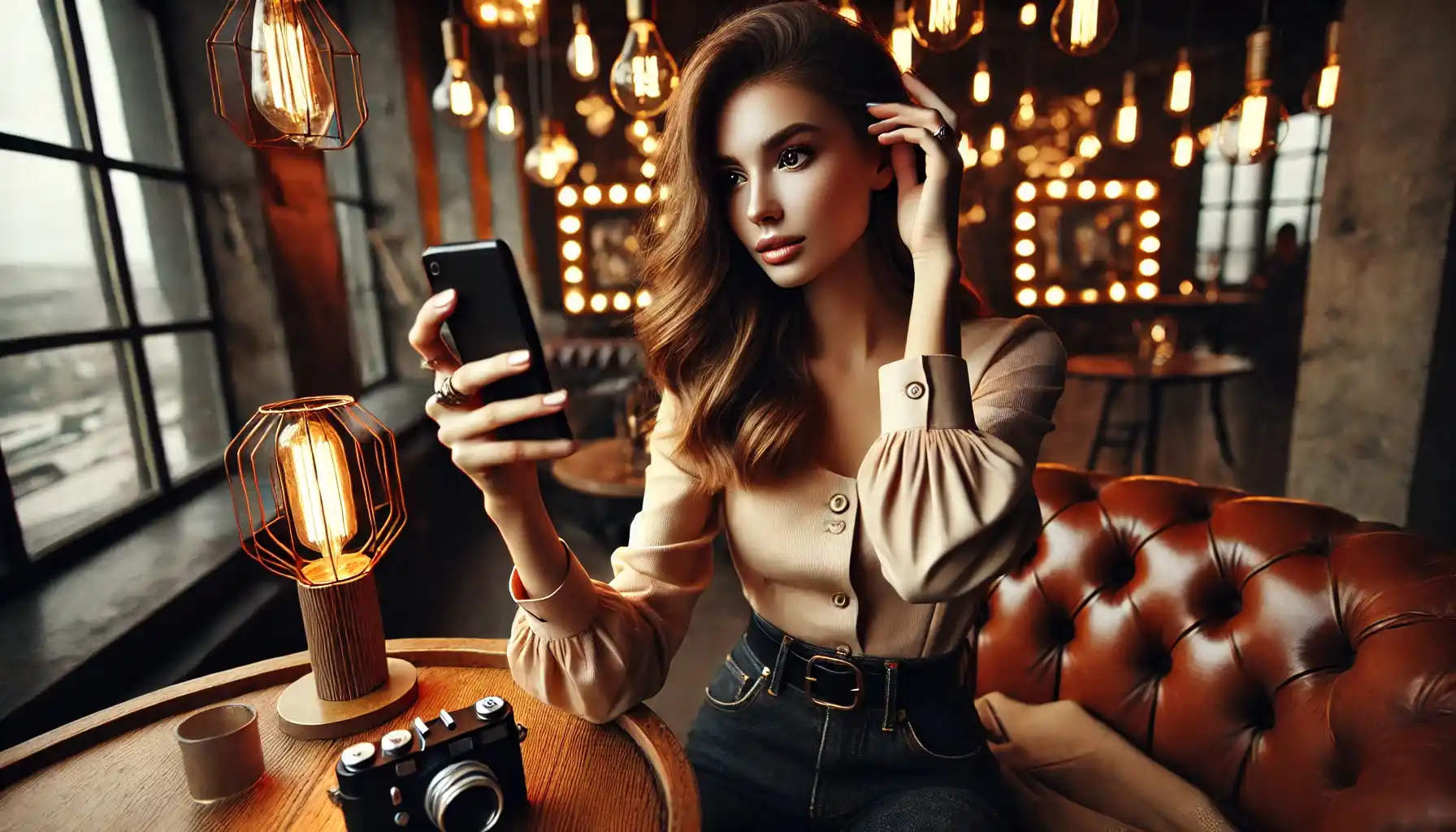 A young girl in a stylish image takes a photo against the background of a cozy atmosphere in a cafe and spreads popular hashtags. 
