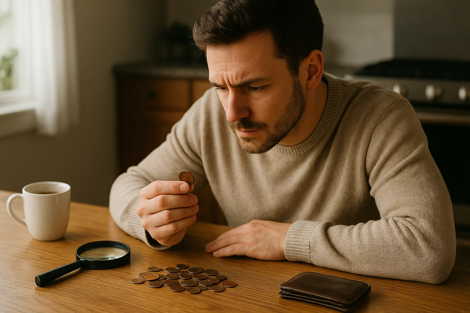 A man sits at his kitchen table examining loose change with a magnifying glass, noticing a coin that might be worth more than face value.