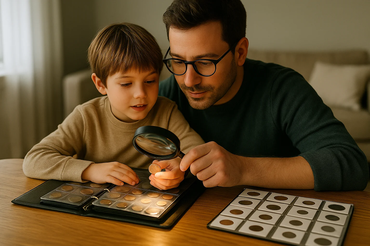 A father and son sit together at a table studying coins in an album, learning coins together.