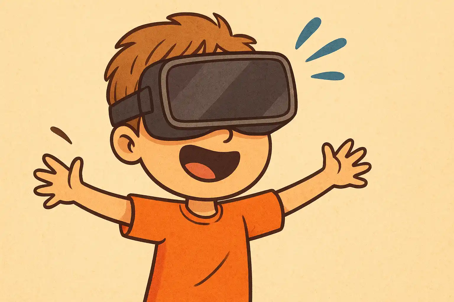Cartoon child wearing VR headset, smiling with arms outstretched in excitement.